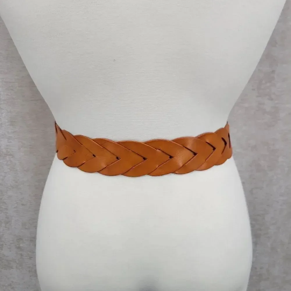 Miss Me Braided Woven Orangey Tan Leather Belt with Large Gold Toned Oval Buckle